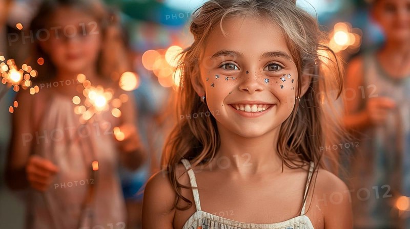 Cute children celebrating with fun sparklers. generative AI, AI generated