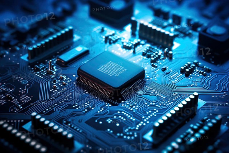 Close-up image of a blue circuit board with a central microchip processor CPU with various electronic components and connections. Technology, computer hardware, and manufacturing industries, AI generated
