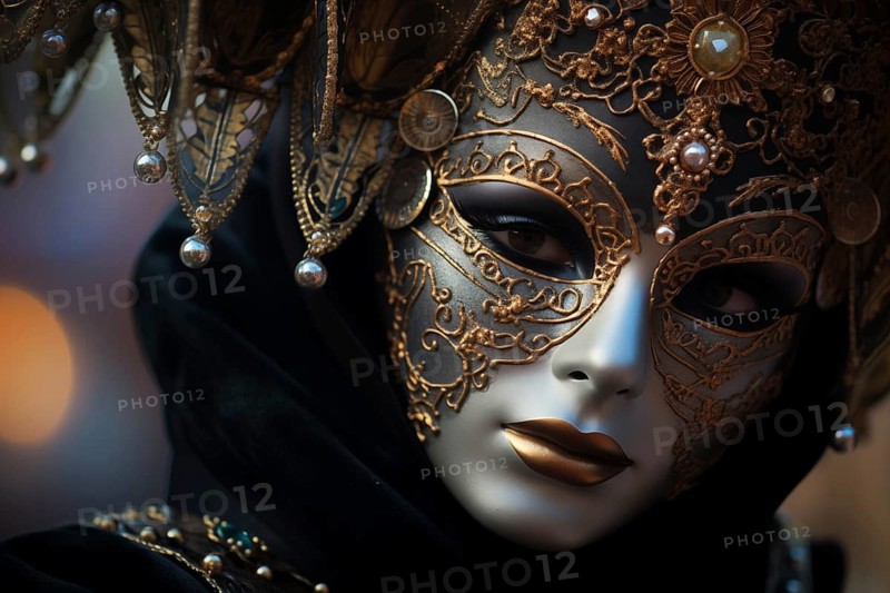 A person adorned in a richly detailed mask and costume, capturing the essence of the Venice Carnival's grandeur and mystery, AI generated