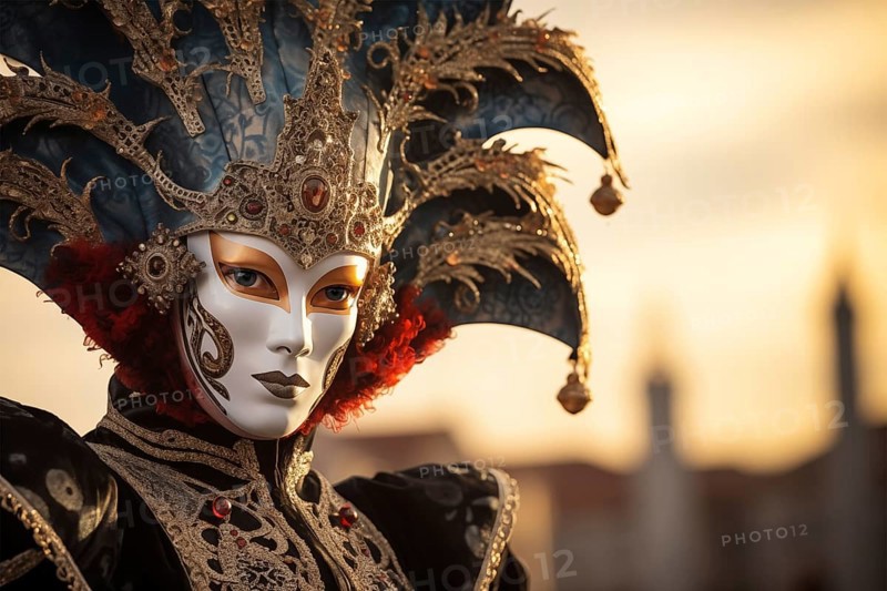 A person adorned in a richly detailed and colorful carnival costume, complete with an elaborate mask, participates in the iconic Venice Carnival, AI generated