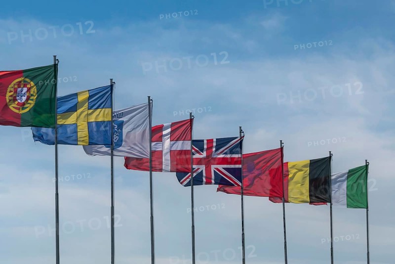 Hoisted European country flags, Sirmione, Lake Garda, Italy, Europe