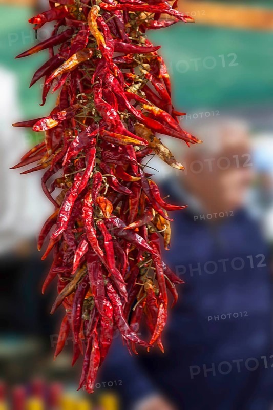 Market stall with dried, threaded chilli peppers, Majorca, Balearic Islands, Spain, Europe