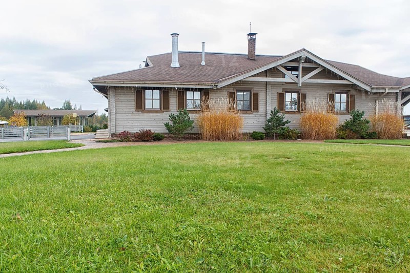 Modern wooden cottage with green lawn and landscape design with ornamental grasses and pines