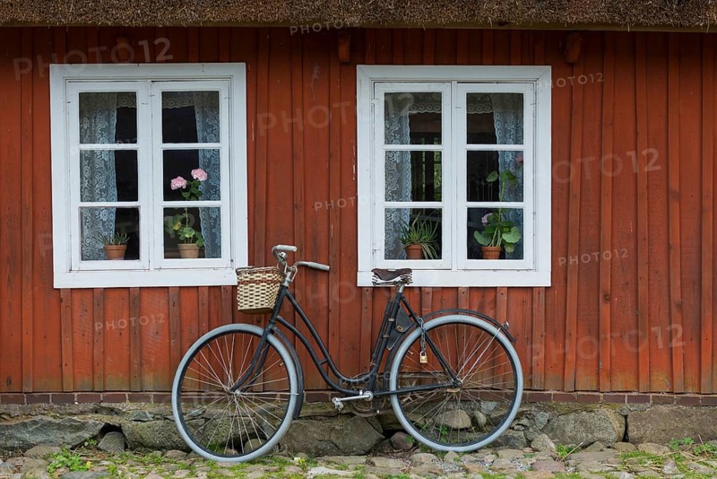 Old wooden window and bicycle, ladies bicycle, farmhouse, decoration, window, historic, old, old, mullioned window, decorated, lovely, antique, rural, historical, country life, facade, curtains, idyll, idyllic, dilapidated, weathered, tradition, traditional, Swedish, Scandinavian, farm, farmhouse, Scandinavia, Sweden, Europe