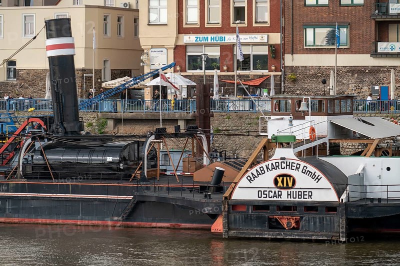 Duisburg-Ruhrort harbour district, Horst-Schimanski-Gasse at the harbour, reminiscent of the crime scene cult Inspector Schimi, harbour pub Zum Hübi, museum ship Oscar Huber, North Rhine-Westphalia, Germany, Europe