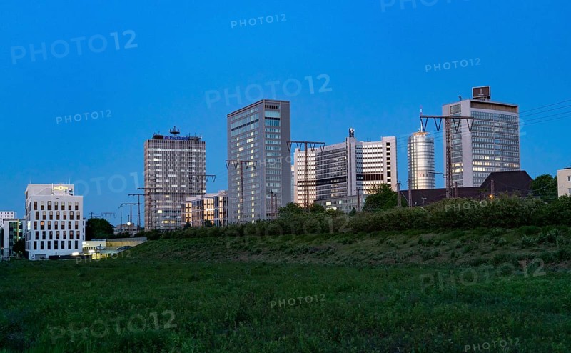 Skyline of Essen city centre with various administrative buildings and headquarters of large companies such as RWE, EVONIK, Postbank, Essen, North Rhine-Westphalia, Germany, Europe