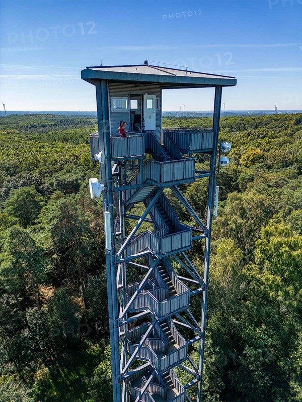 Fire watch tower on the Rennberg, near Flaesheim, Haltern am See, in the Haard forest area, one of 3 fire watch towers in the region, manned from April to October in dry weather conditions, part of the fire monitoring system, North Rhine-Westphalia, Germany, Europe