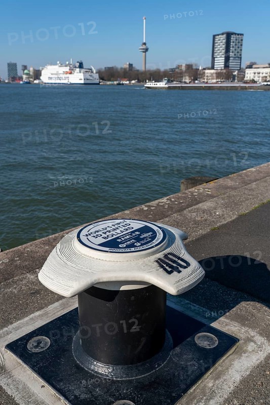 The world's first 3D-printed bollard mooring line, made of metal, at Holland Amerikaplein, Nieuwe Maas river, Rotterdam, Netherlands