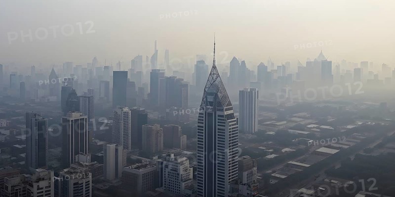 Aerial view of a mega city with smog and pollution, AI generated