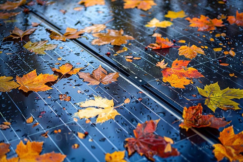 Colorful autumn leaves and rain on photovoltaics solar panel. Generative Ai, AI generated