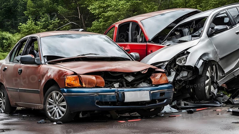 Close-up of damaged car wrecks after a road accident, AI generated