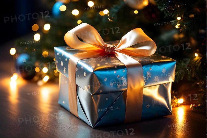 Close-up of a beautifully wrapped Christmas gift with a satin ribbon, set under a glowing Christmas tree, AI generated