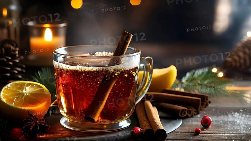 Steaming apple cider in a glass mug, garnished with a cinnamon stick and star anise, surrounded by festive decorations, AI generated