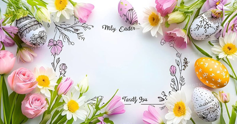 Easter card with delicate hand-drawn illustrations, placed among fresh flowers and decorated eggs, empty space for text, AI generated
