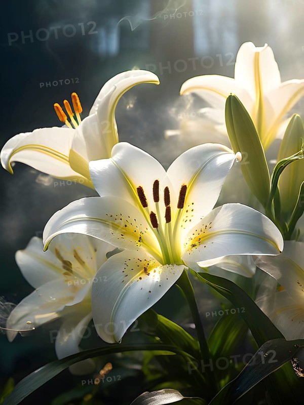 Blooming Easter lilies with soft white petals and a yellow center, bathed in gentle sunlight, AI generated
