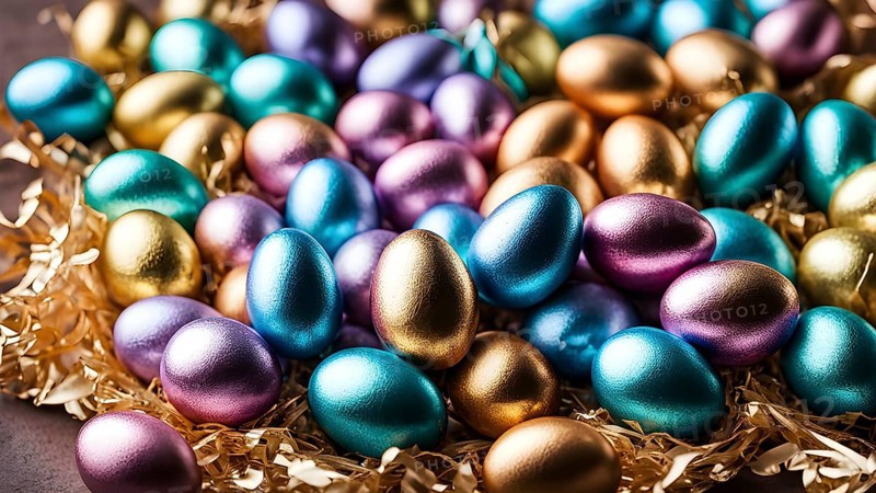 Small chocolate Easter eggs wrapped in shiny foil, placed on a bed of shredded pastel-colored paper, AI generated