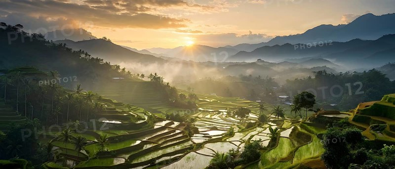 Early morning light bathes Philippines rice terraces cascading down mountain slopes, AI generated