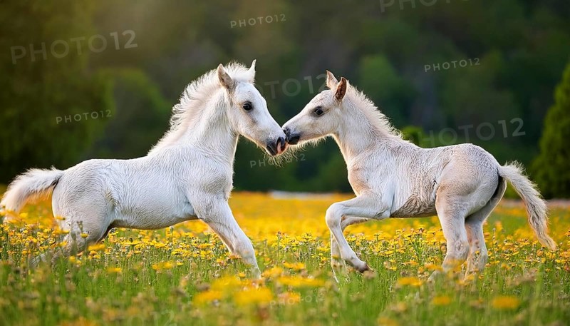 AI generated, Two young white foals playing on a flower meadow, Studio, AI generated