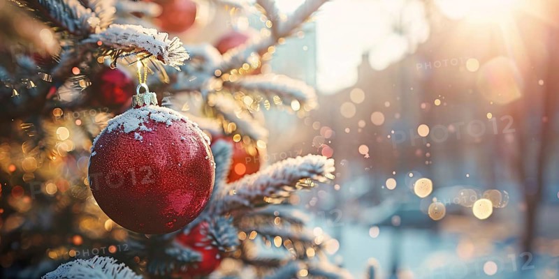 Beautiful Christmas banner with single red bauble ornament on snow covered tree and blurry background, Generative Ai, AI generated