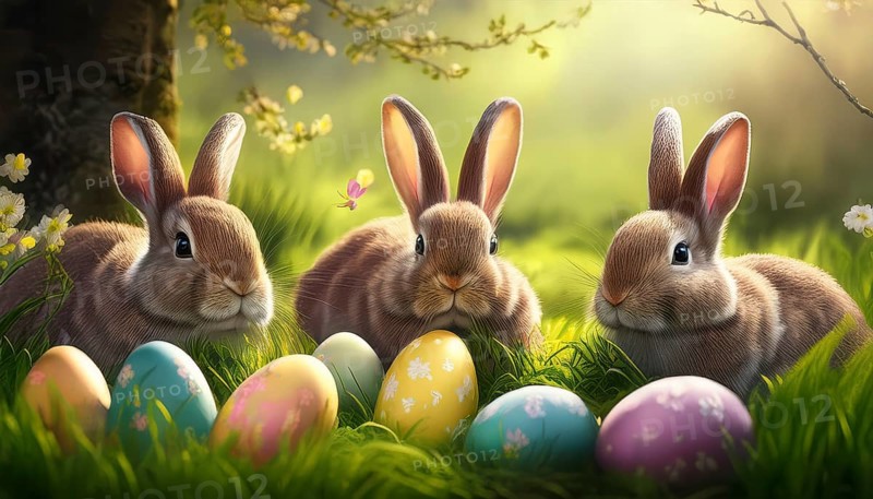 Three bunnies as Easter bunnies with colourful Easter eggs in fresh green grass, AI-generated image, AI generated