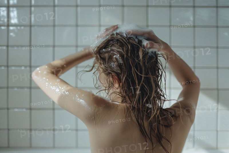 Back view of woman in shower washing long blond hair. KI generiert, generiert AI generated
