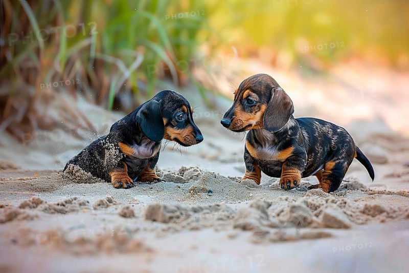Two cute Dachshund pups looking at each other, AI generated