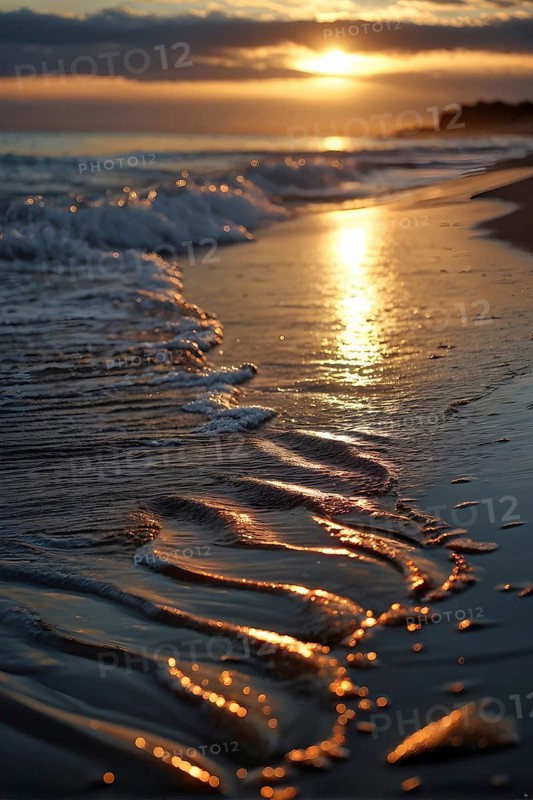 Sunset mood on a whispering tranquil costal landscape with sandy beach, AI generated