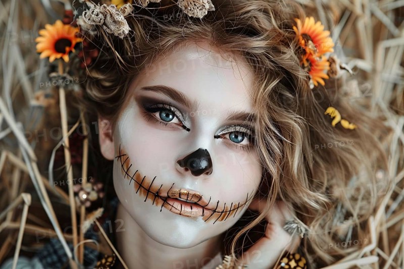 Young woman with Halloween scarecrow costume makeup with blurry grainfield in background. Generative Ai, AI generated
