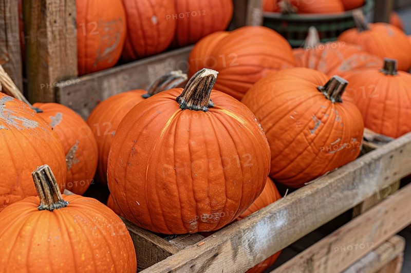 Orange pumpkins in crate at market. Generative Ai, AI generated