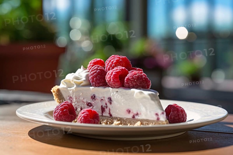 Slice of cream cake with raspberry fruits on plate. KI generiert, generiert AI generated