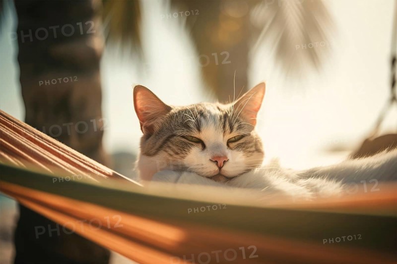 Cat relaxing in hammock at tropical beach. KI generiert, generiert AI generated