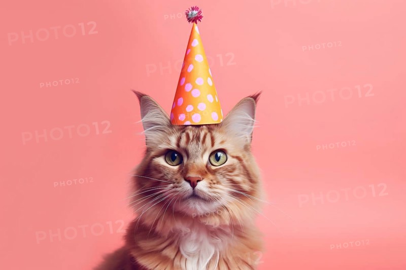 Cat with birthday party hat in front of pink background. KI generiert, generiert AI generated