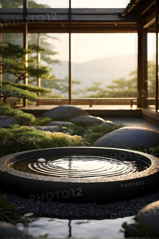 Zen garden bathed in the soft glow of dawn as a serene symbol for relaxation, AI generated