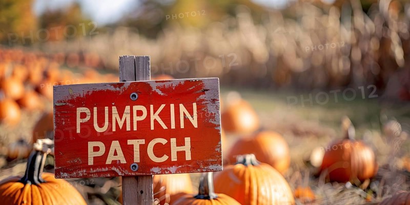 Wooden sign with text 'Pumpkin patch' with orange pumpkins in background. Generative AI, AI generated