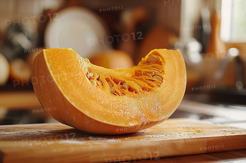 Slice of orange pumpkin with seeds on cutting board in kitchen. Generative AI, AI generated