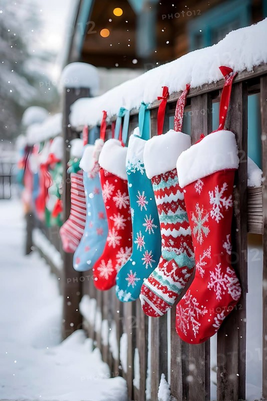 Row of Christmas stockings hanging from a snow-covered wooden fence, with delicate frost patterns forming on the colorful fabric, AI generated