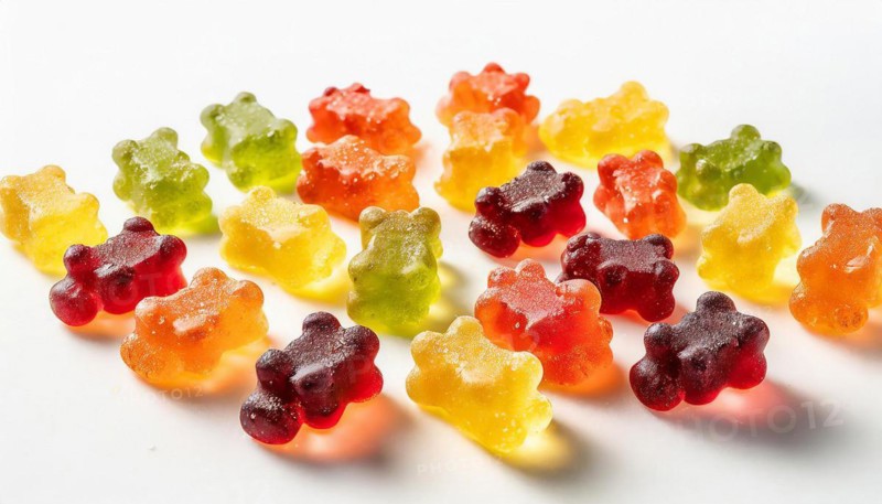 Brightly coloured gummy bears, aesthetically lined up on a white background, AI generated, AI generated