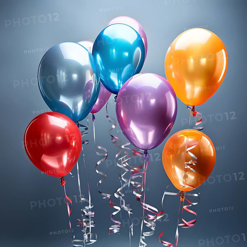 AI generated cluster of vibrant helium balloons floating against a grey background