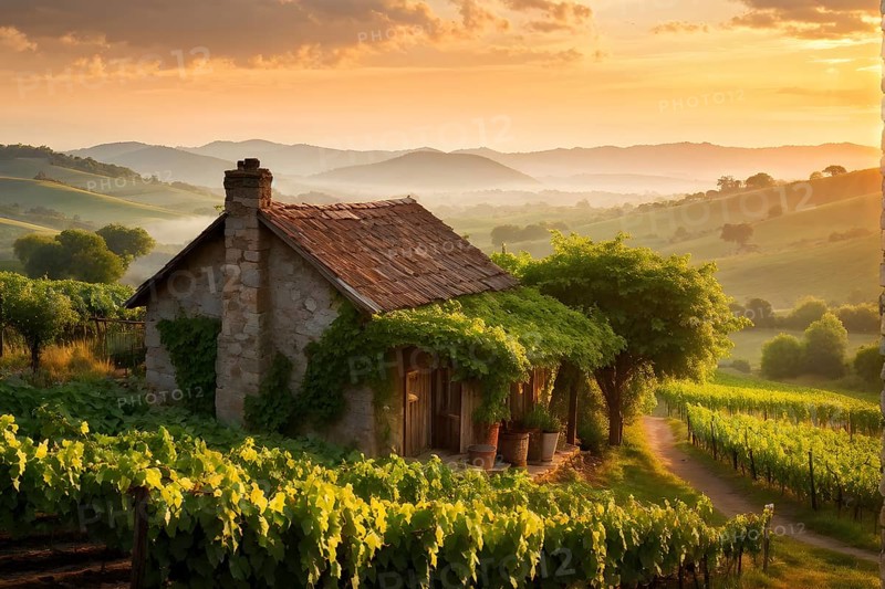 AI generated rustic vineyard cottage nestled amidst lush summer colored vine leaves
