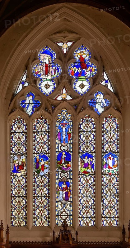 Stained glass east window by James Powell 1851, Wroughton church, Wiltshire, England, UK, Nativity, Baptism, Crucifixion, Agony, Last Supper, Sermon on Mount, Ascension