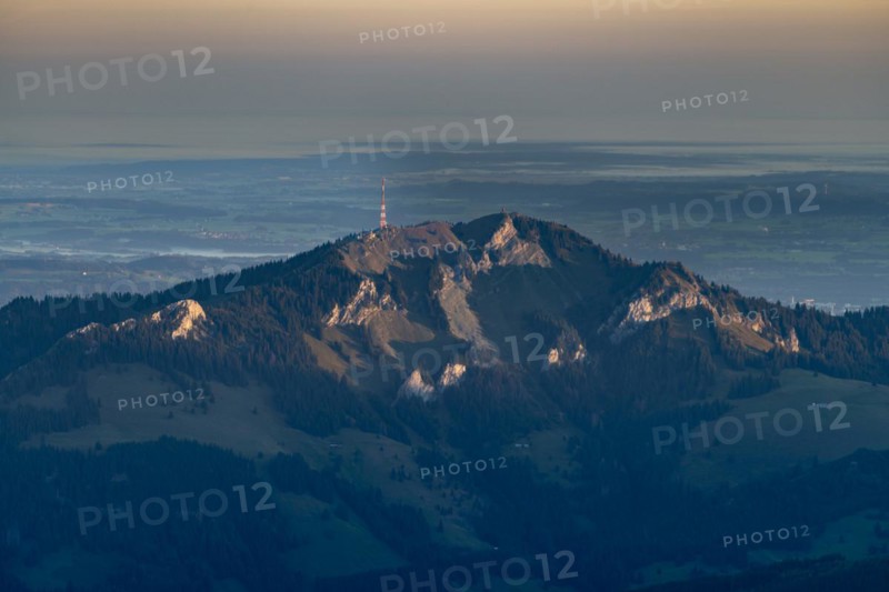 The Grünten, 1783m, from the summit of the Nebelhorn, 2224m, at sunrise, Oberallgäu, Bavaria, Germany, Europe