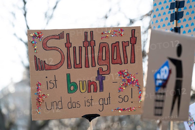 Pictures taken during the demonstration Haltung zeigen! against Nazi deportation plans of the AfD on the Schlossplatz in Stuttgart, 20.01.2024. A sign with the inscription Stuttgart is colourful and that's a good thing!
