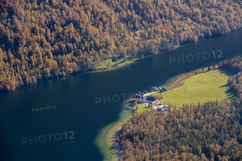 Königssee and St. Bartholomä pilgrimage church, view from the Rinnkendlsteig mountain hiking trail, autumnal forest and blue lake, Berchtesgaden National Park, Berchtesgadener Land, Upper Bavaria, Bavaria, Germany, Europe
