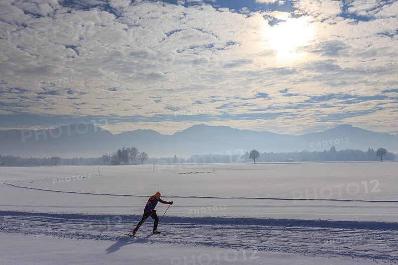 Cross-country skier, man, adult, on cross-country trail in front of mountains, snow, winter, Tölzer Land, Alpine foothills, Upper Bavaria, Bavaria, Germany, Europe