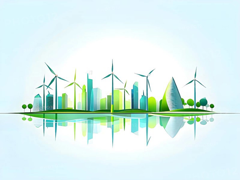 Abstract visual illustration of a city skyline where buildings morph into wind turbines and trees, AI generated