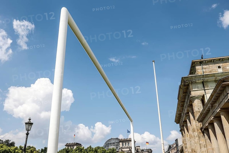 The world's largest football goal stands at the Brandenburg Tor. For the 2024 European Championships, the fan mile in Berlin between the Brandenburg Gate and the Victory Column is equipped with artificial turf and a goal, 23 May 2024, Berlin, Berlin, Germany, Europe