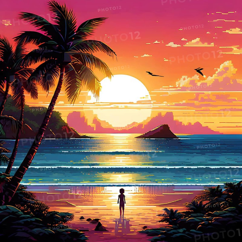 Pixel art illustration of a tropical island paradise with palm trees and sandy beach, AI generated