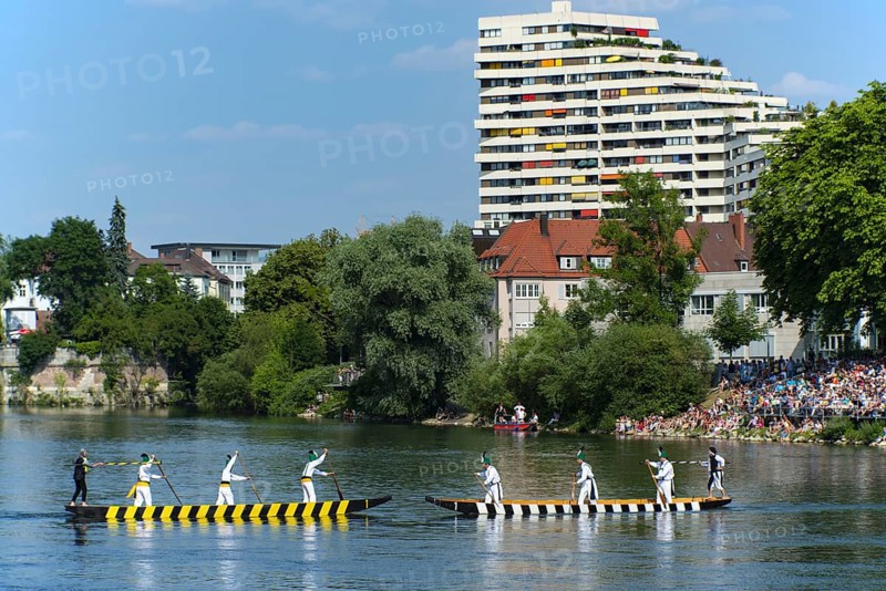 Fishermen's punt on the Danube, an old custom in Ulm, Swabian Alb, Baden-Württemberg, Germany, Europe
