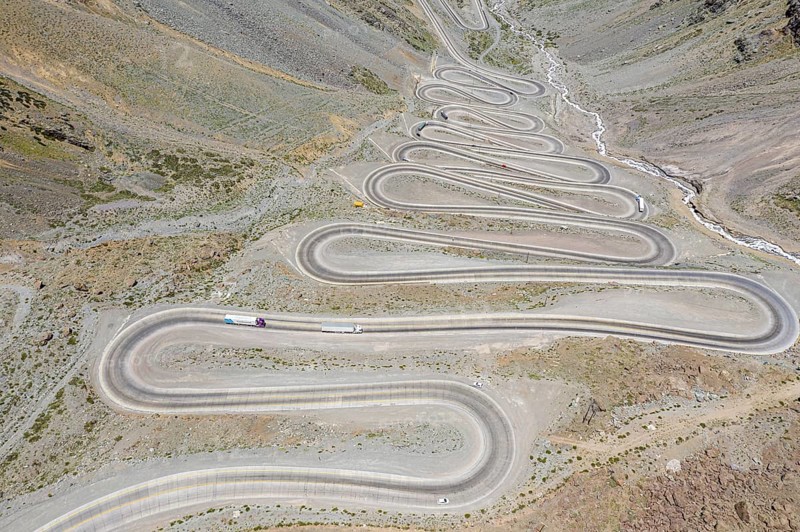 Mountain pass Los Caracoles, The Snails, road connecting Chile and Argentina, aerial view, Chile, South America