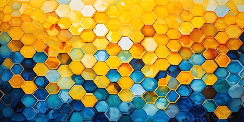 Abstract composition of interlocking blue and yellow hexagons, AI generated